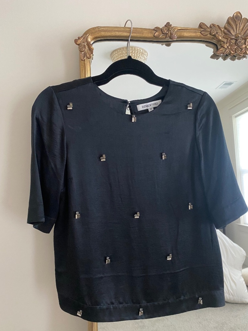 NWOT elizabeth and james black satin top with crystal details size XS
